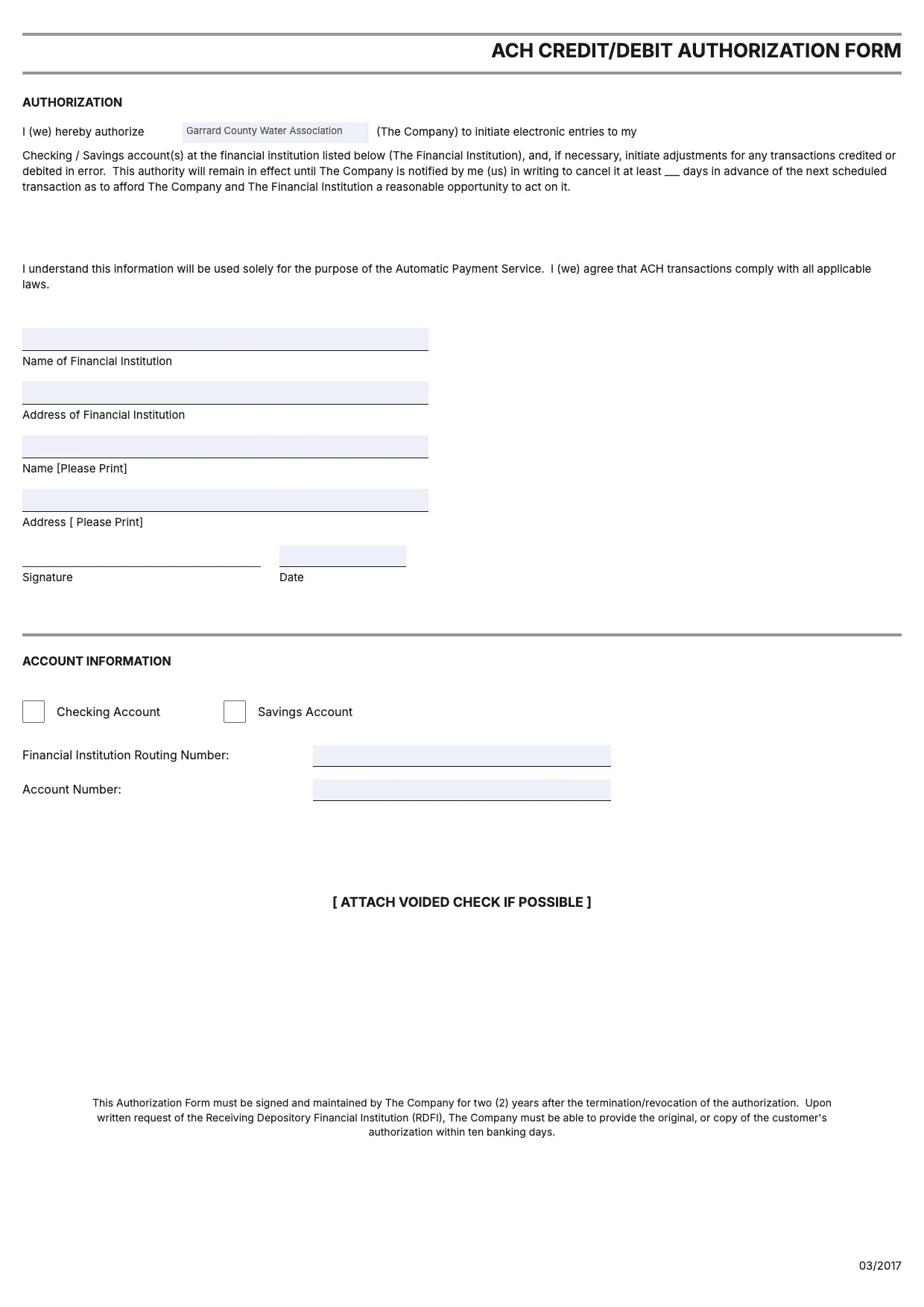 ACH Authorization Form Template