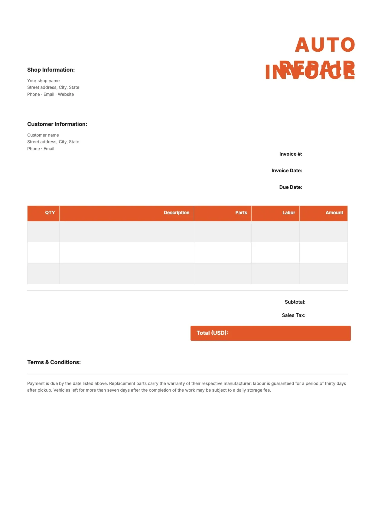 Auto Repair Invoice Template