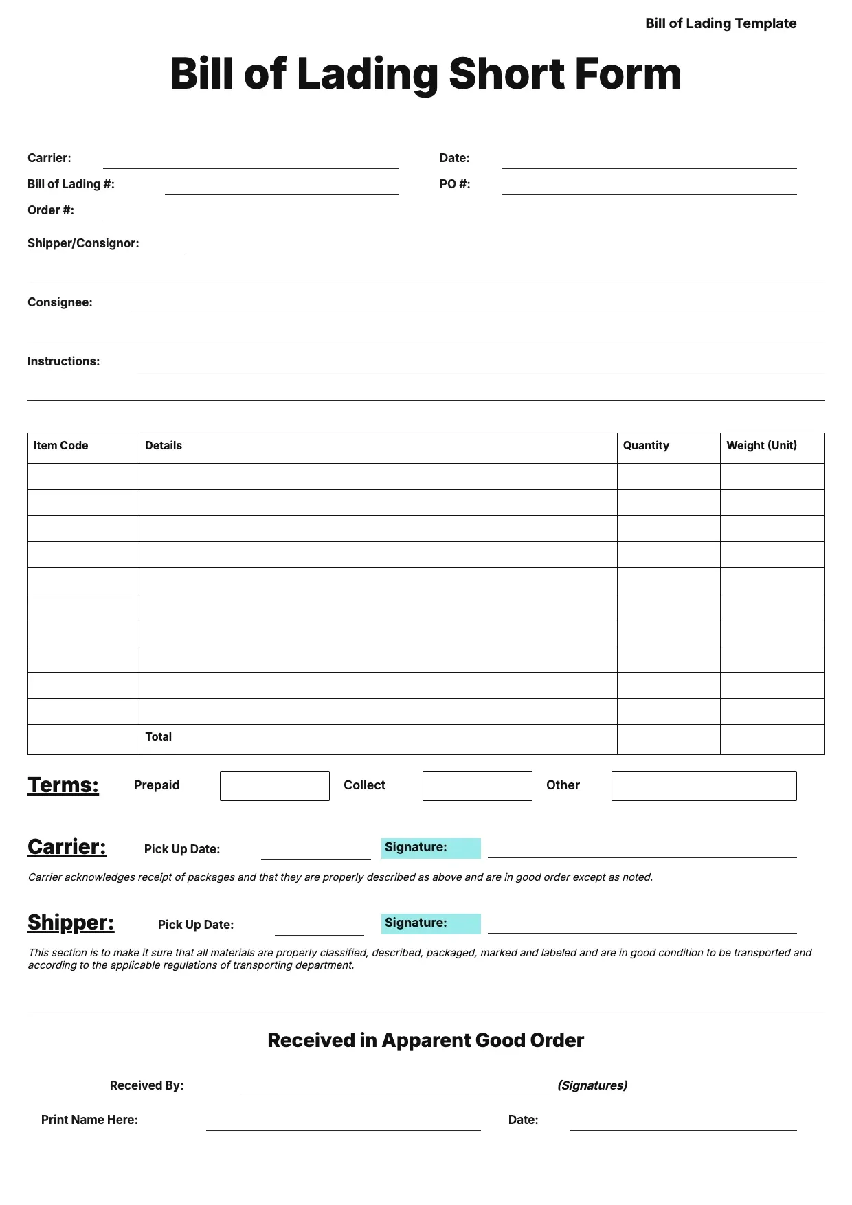 Bill of Lading Template