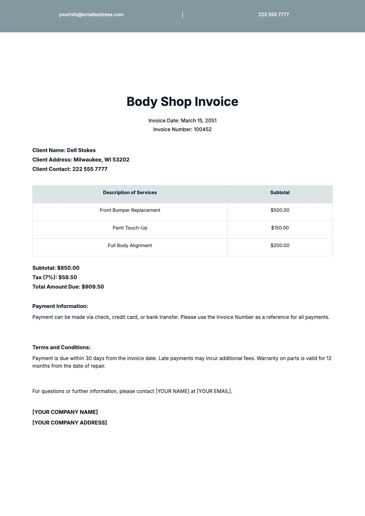 Body Shop Invoice Template