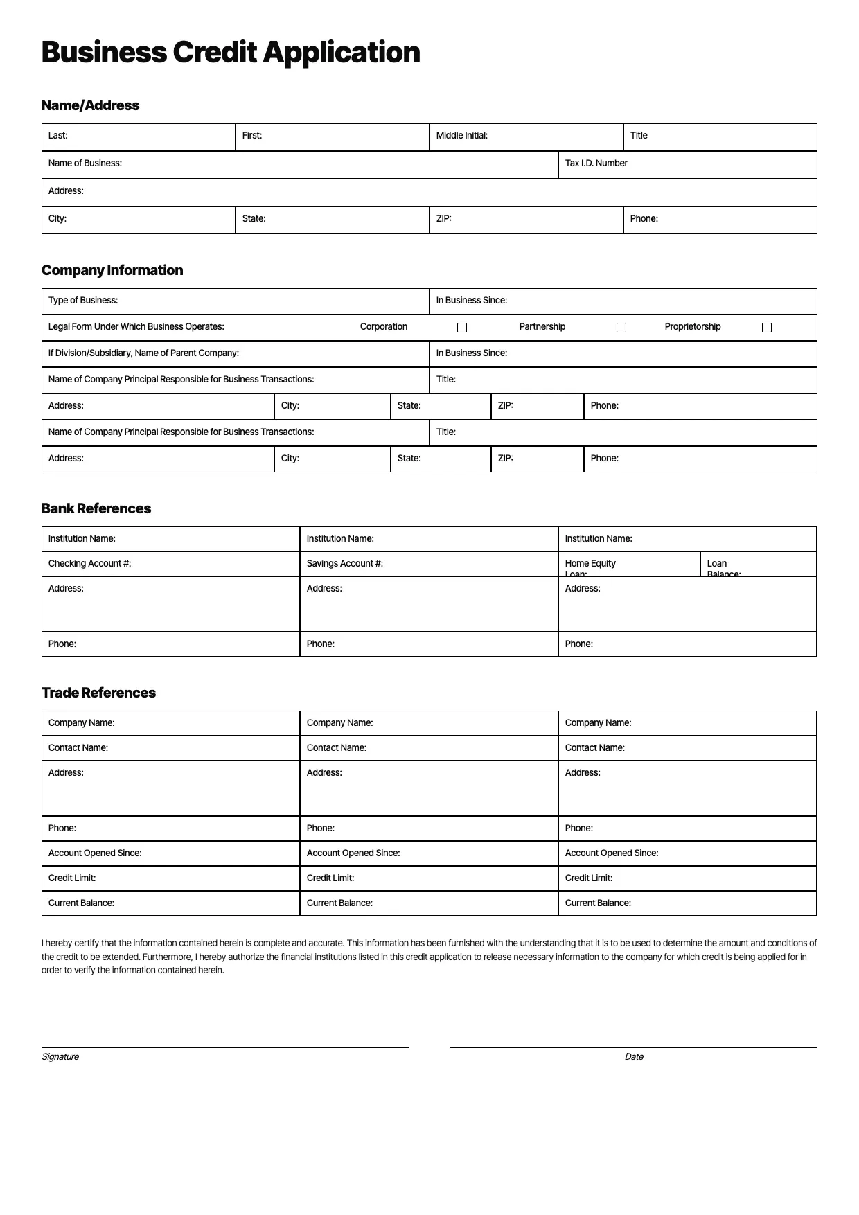 Business Credit Application Template