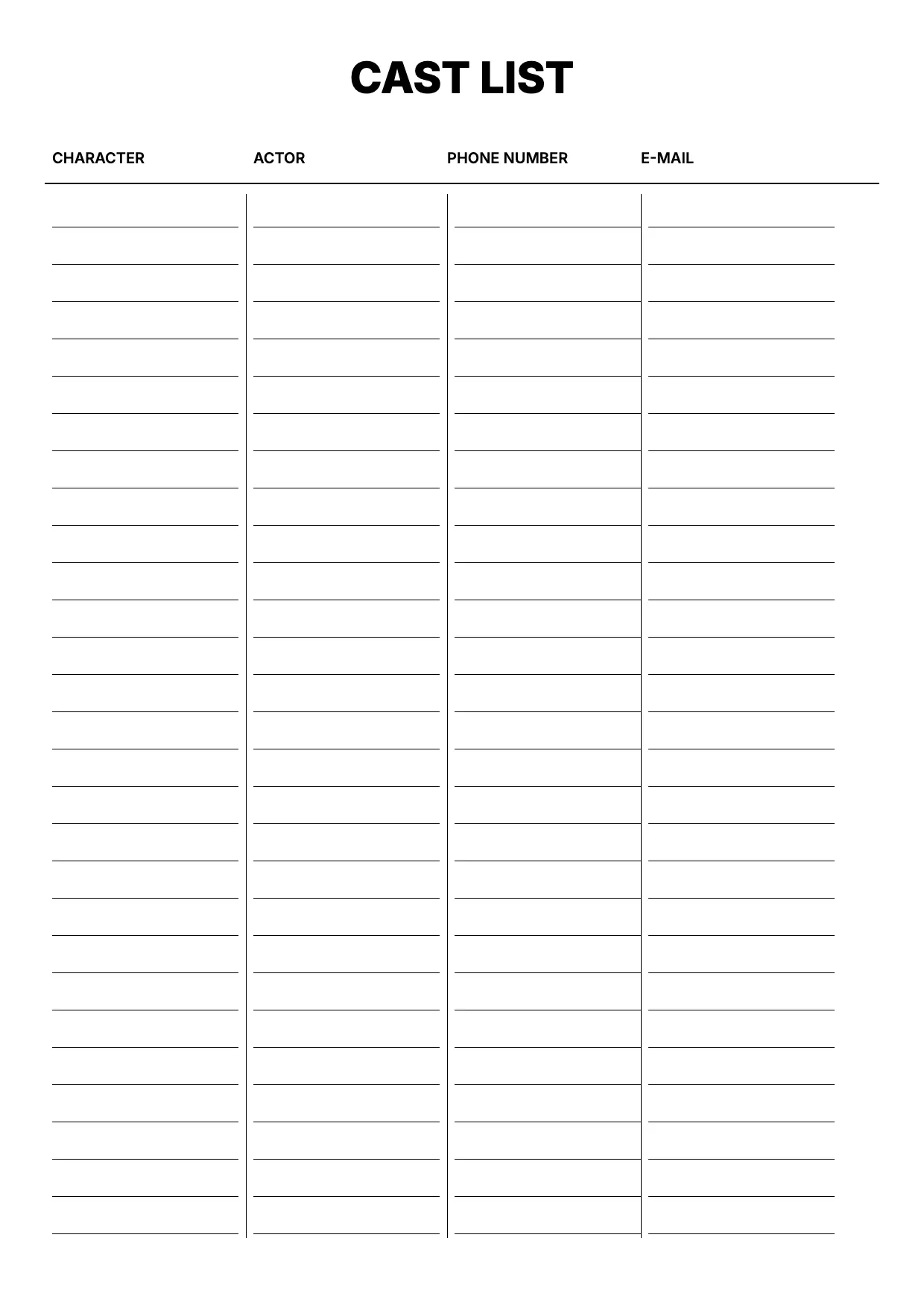 Cast List Template