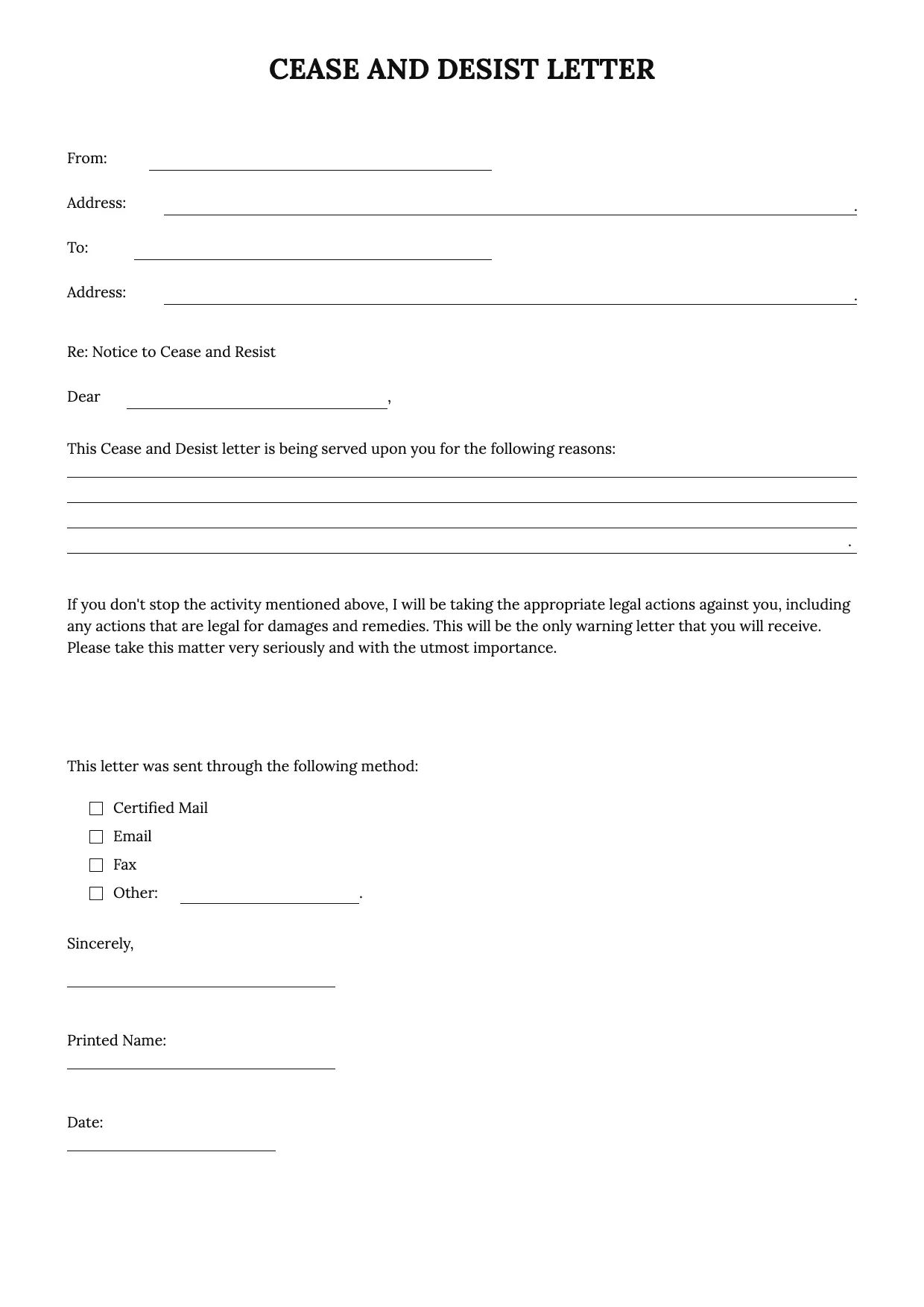 Cease and Desist Letter Template