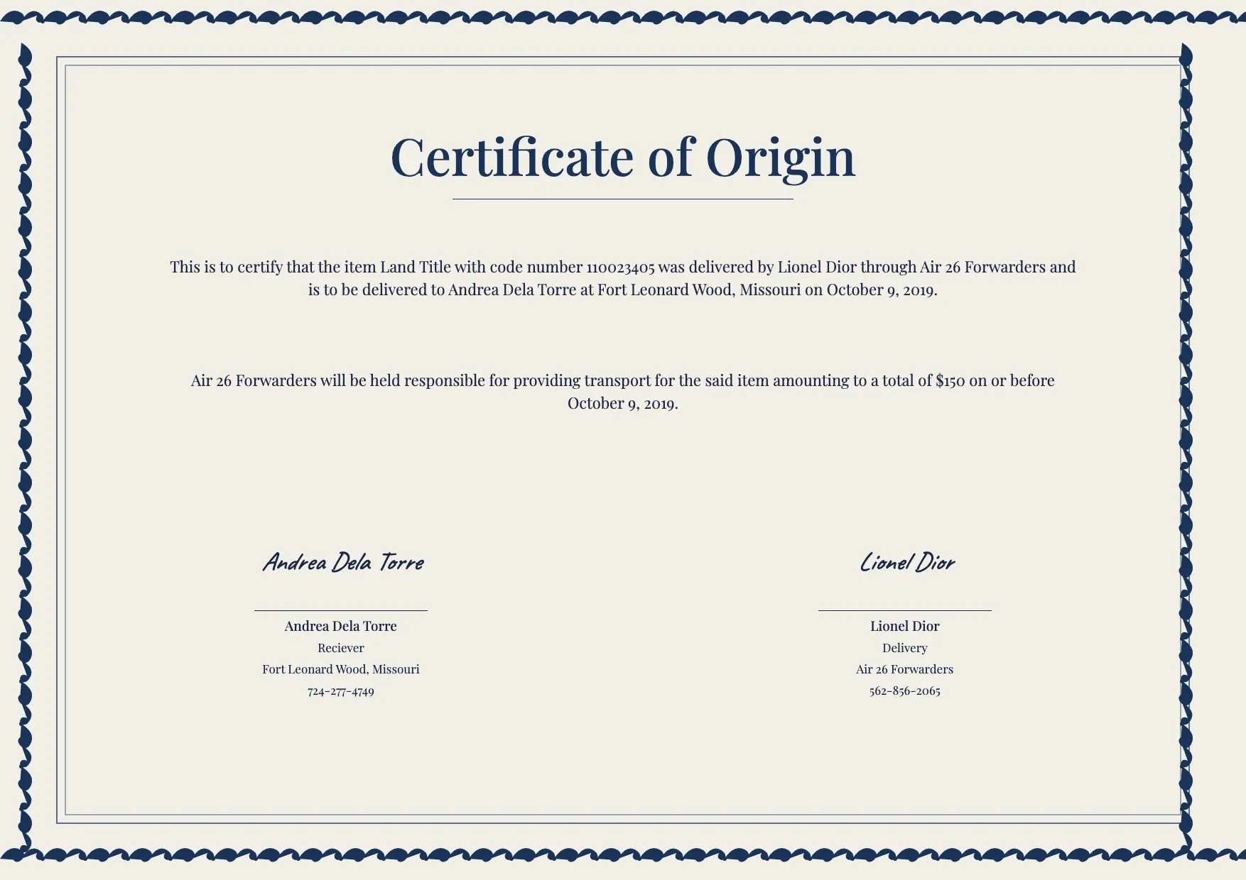 Certificate of Origin Template