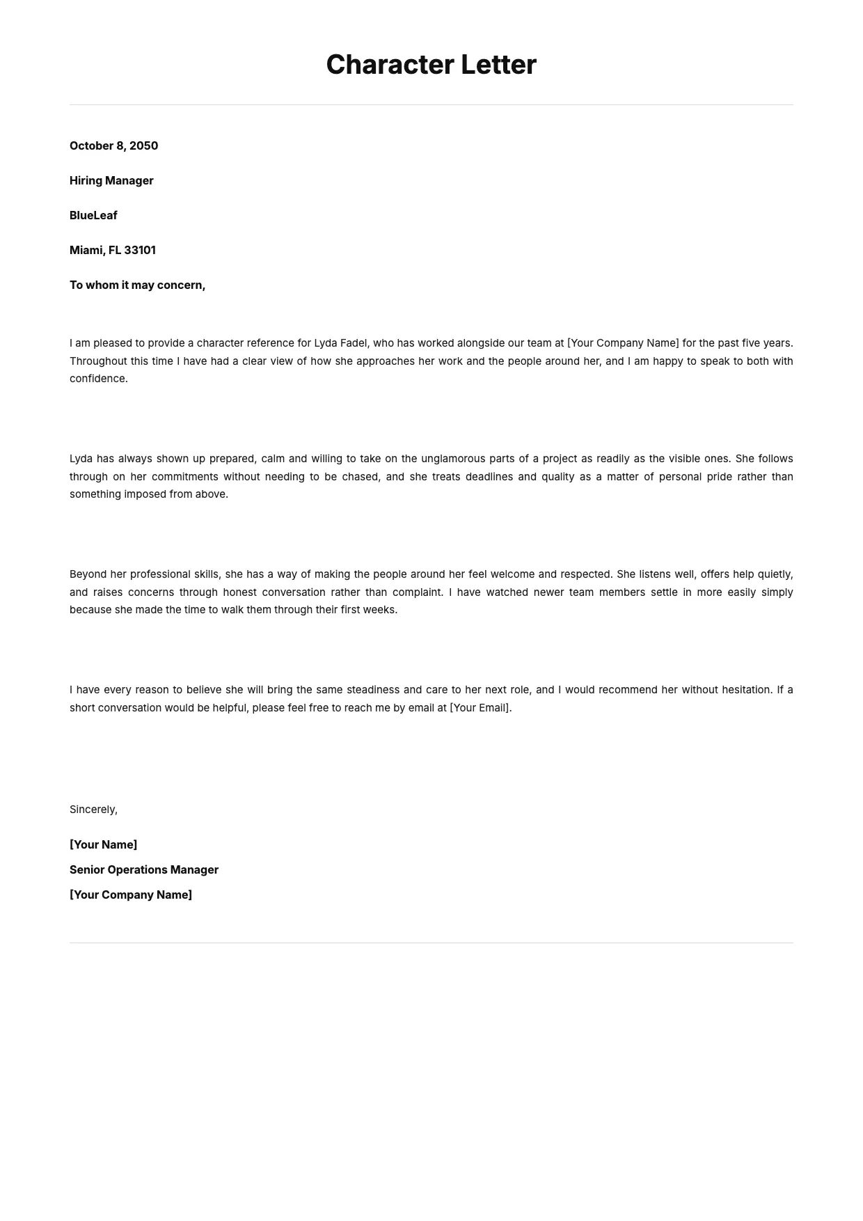 Character Reference Letter Template