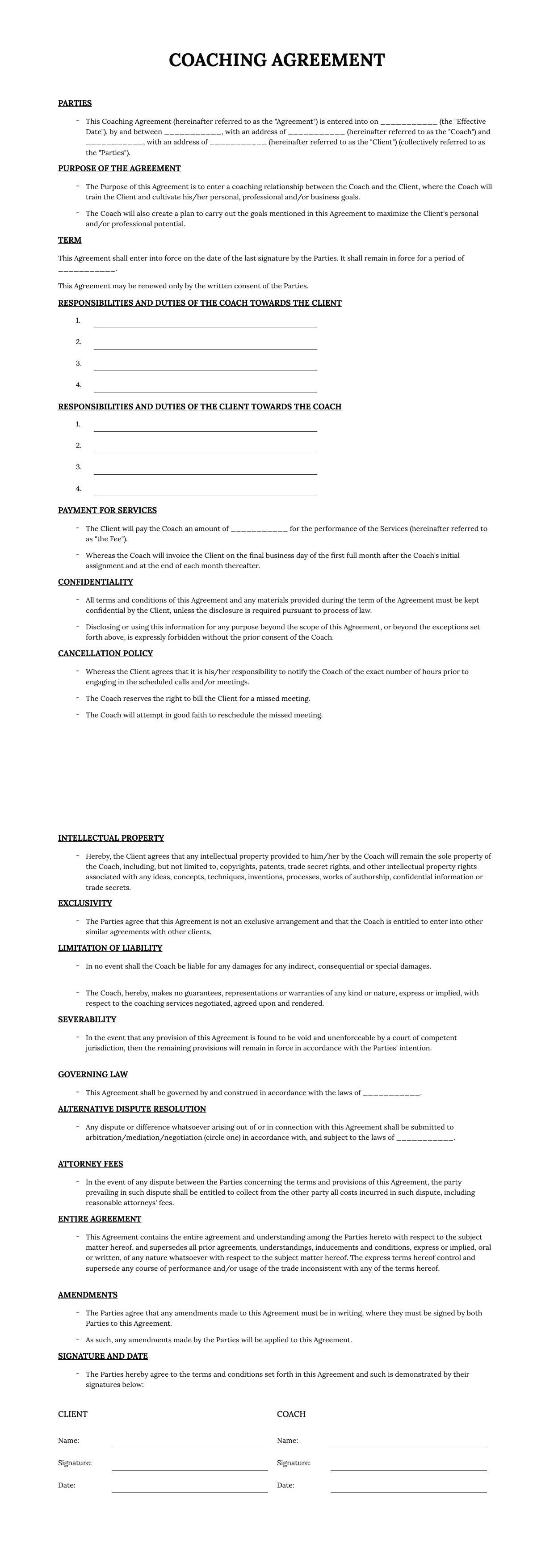 Coaching Contract Template
