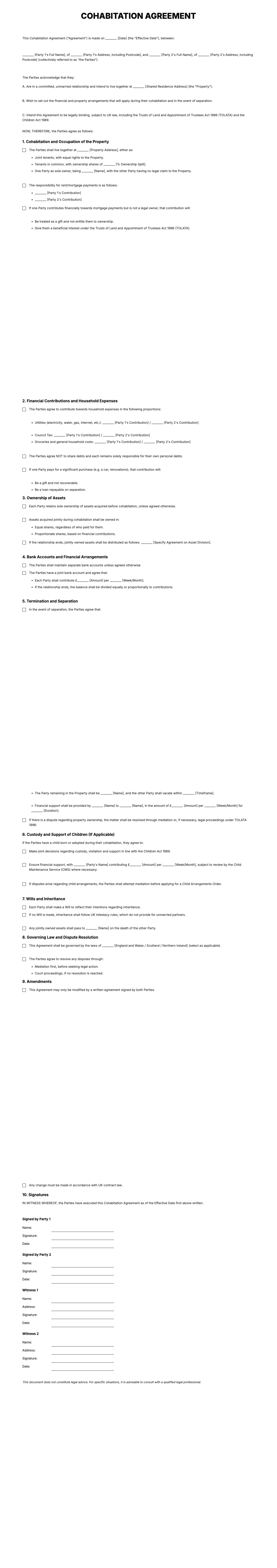 Cohabitation Agreement Template
