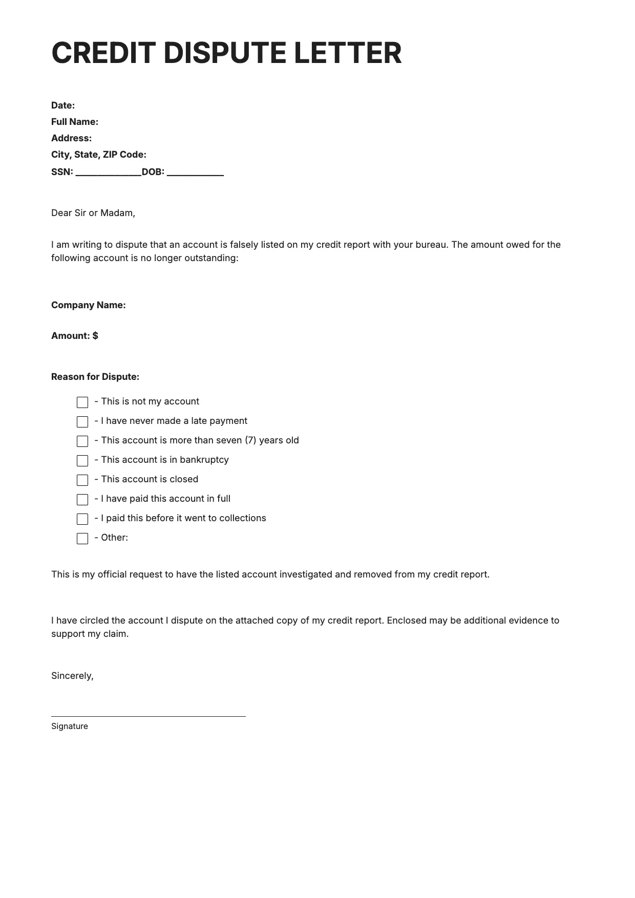 Credit Dispute Letter Template