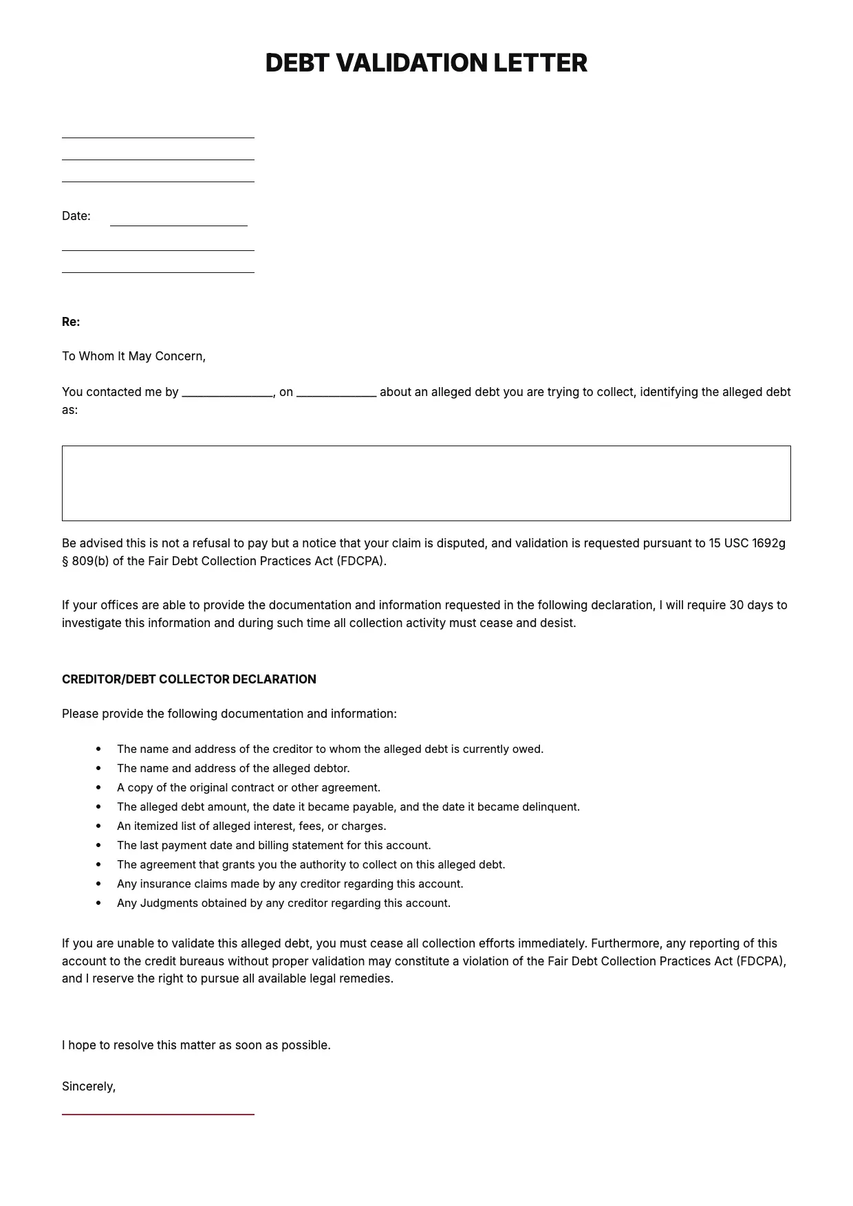Debt Validation Letter Template