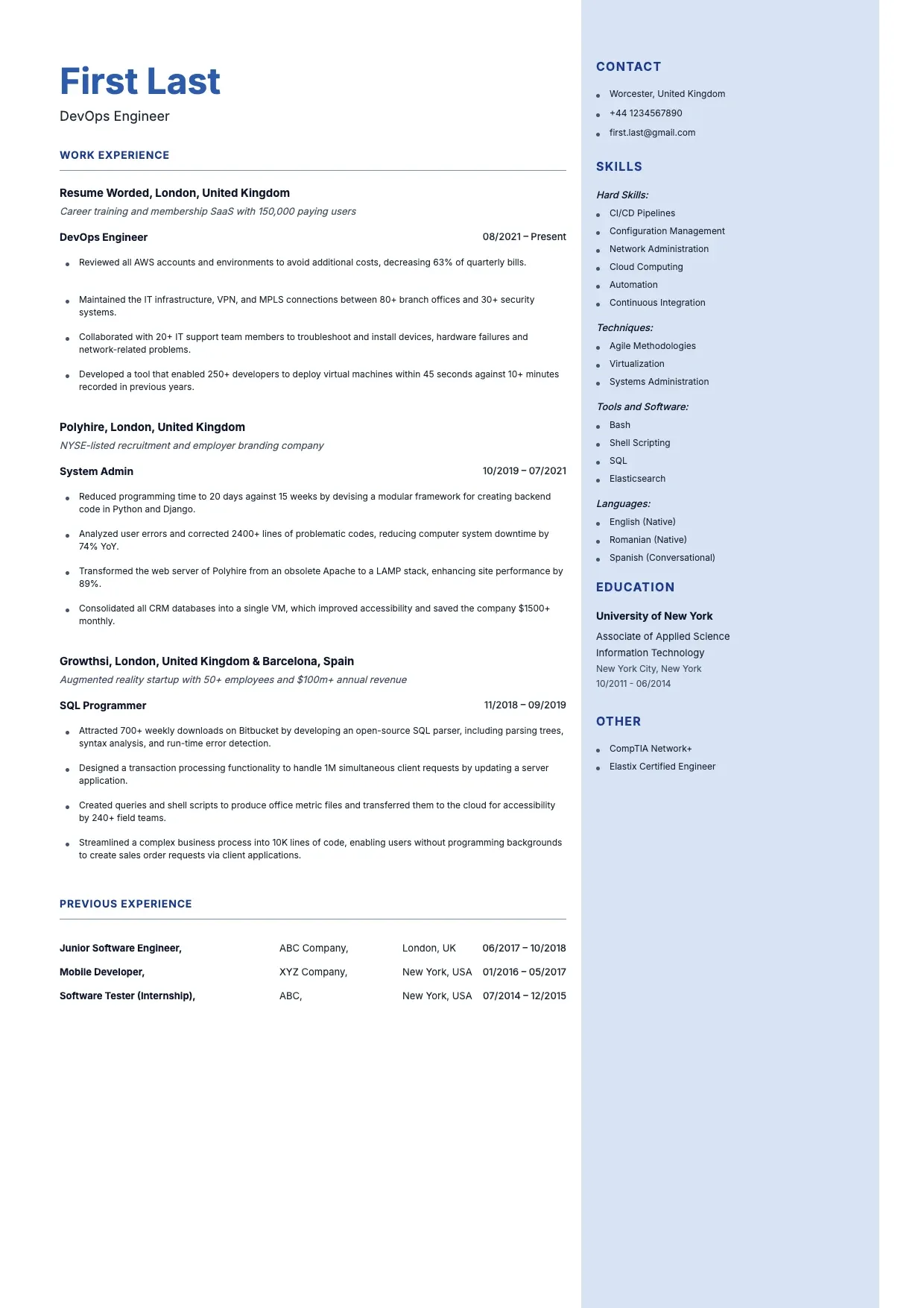 DevOps Engineer Resume Template