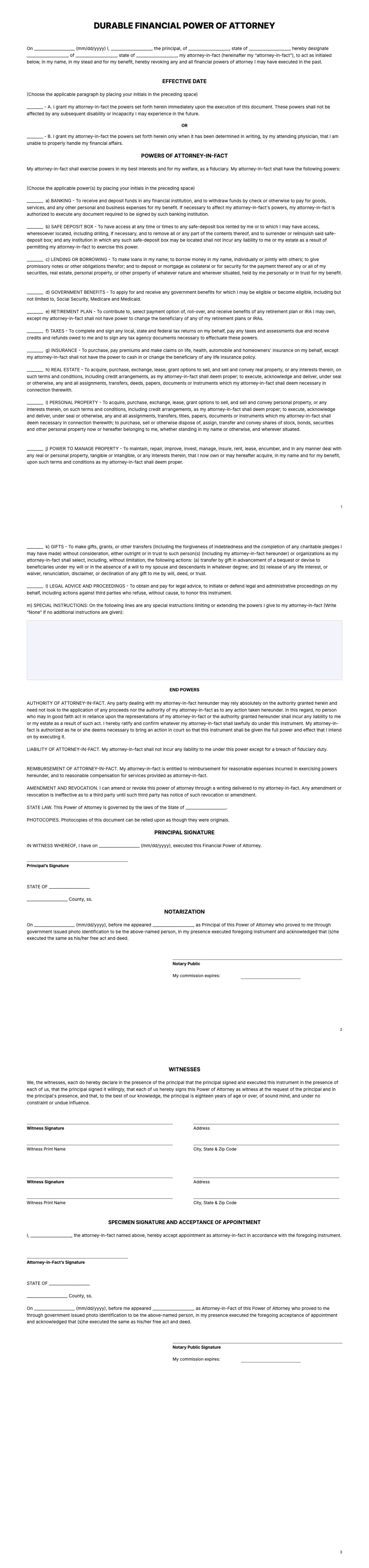 Durable Power Of Attorney Template