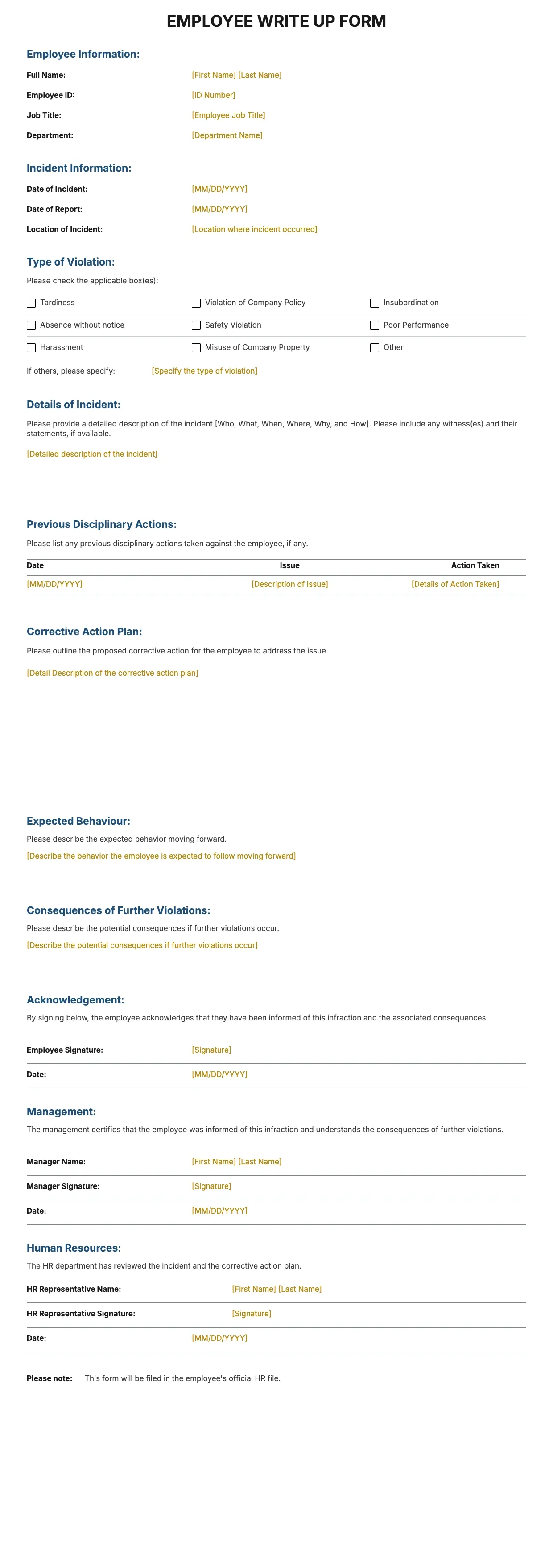 Employee Write-Up Template