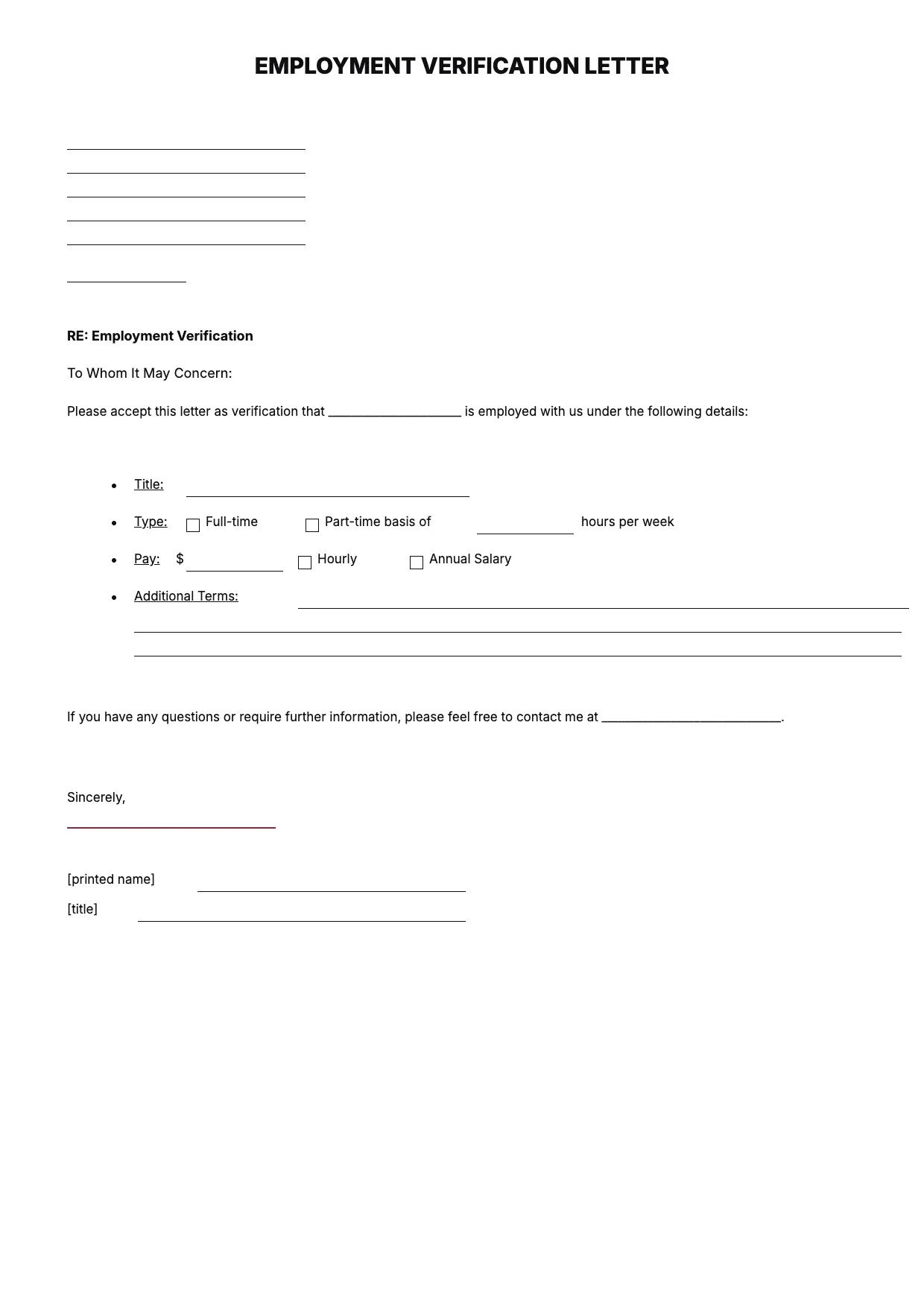 Employment Verification Letter Template
