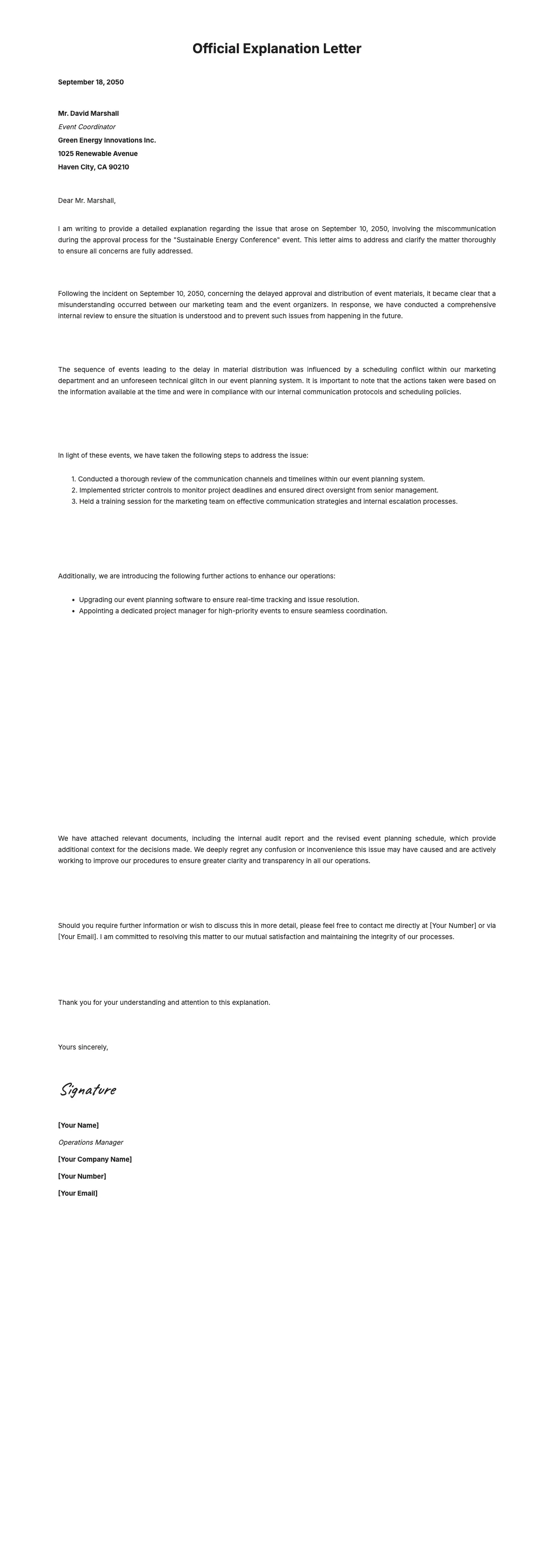 Letter of Explanation Template