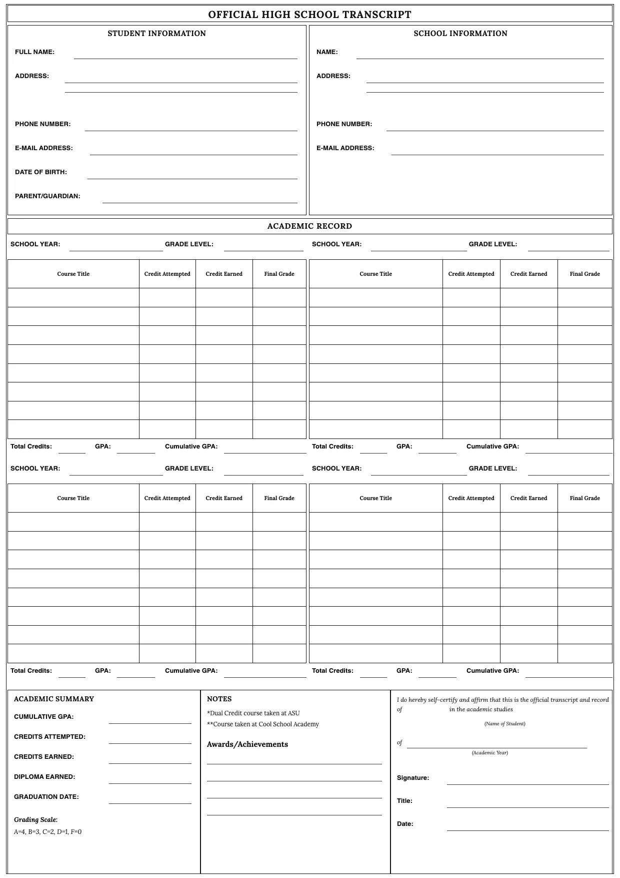 High School Transcript Template