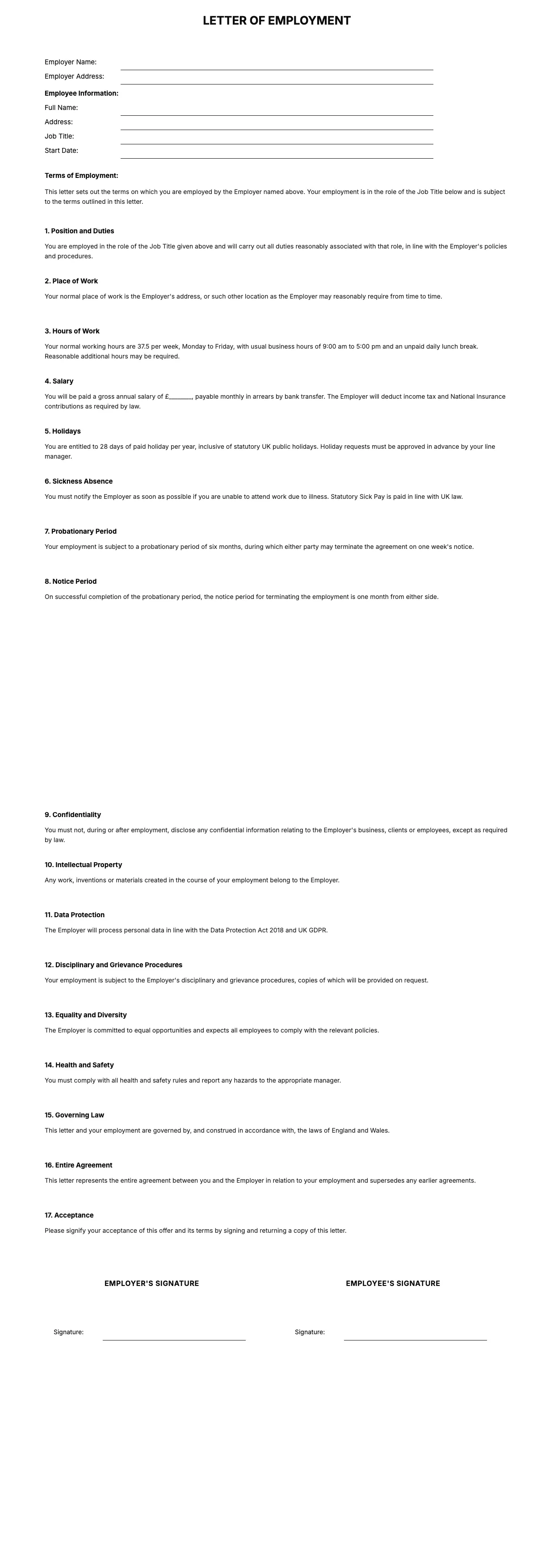Letter of Employment Template