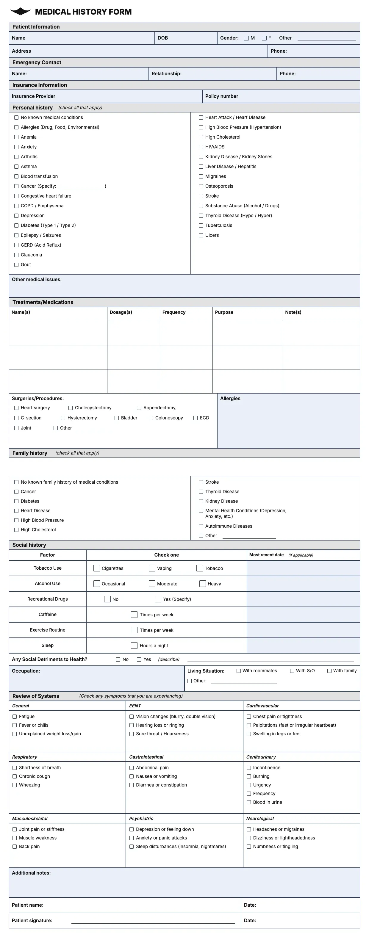 Medical History Form Template