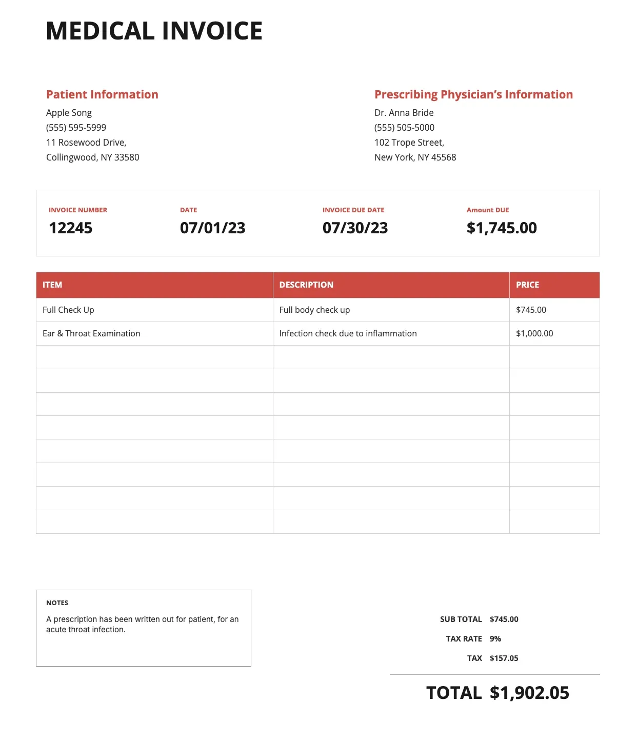Medical Invoice Template