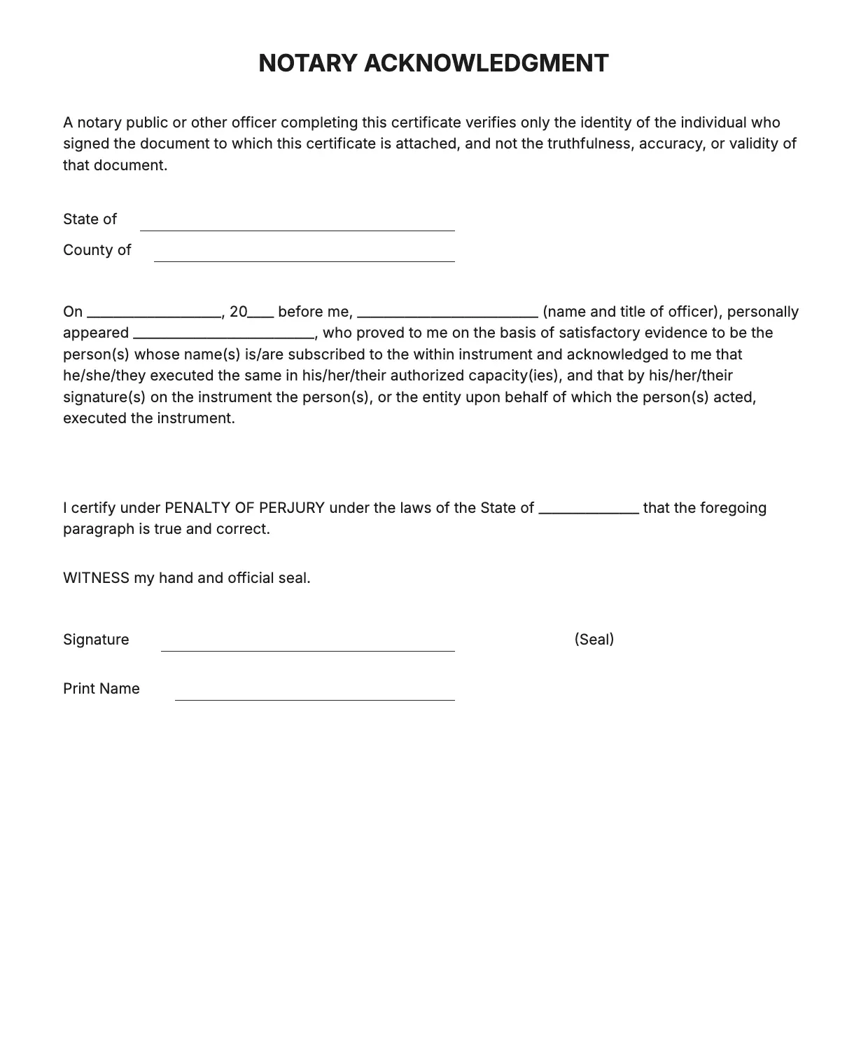 Notary Acknowledgement Template