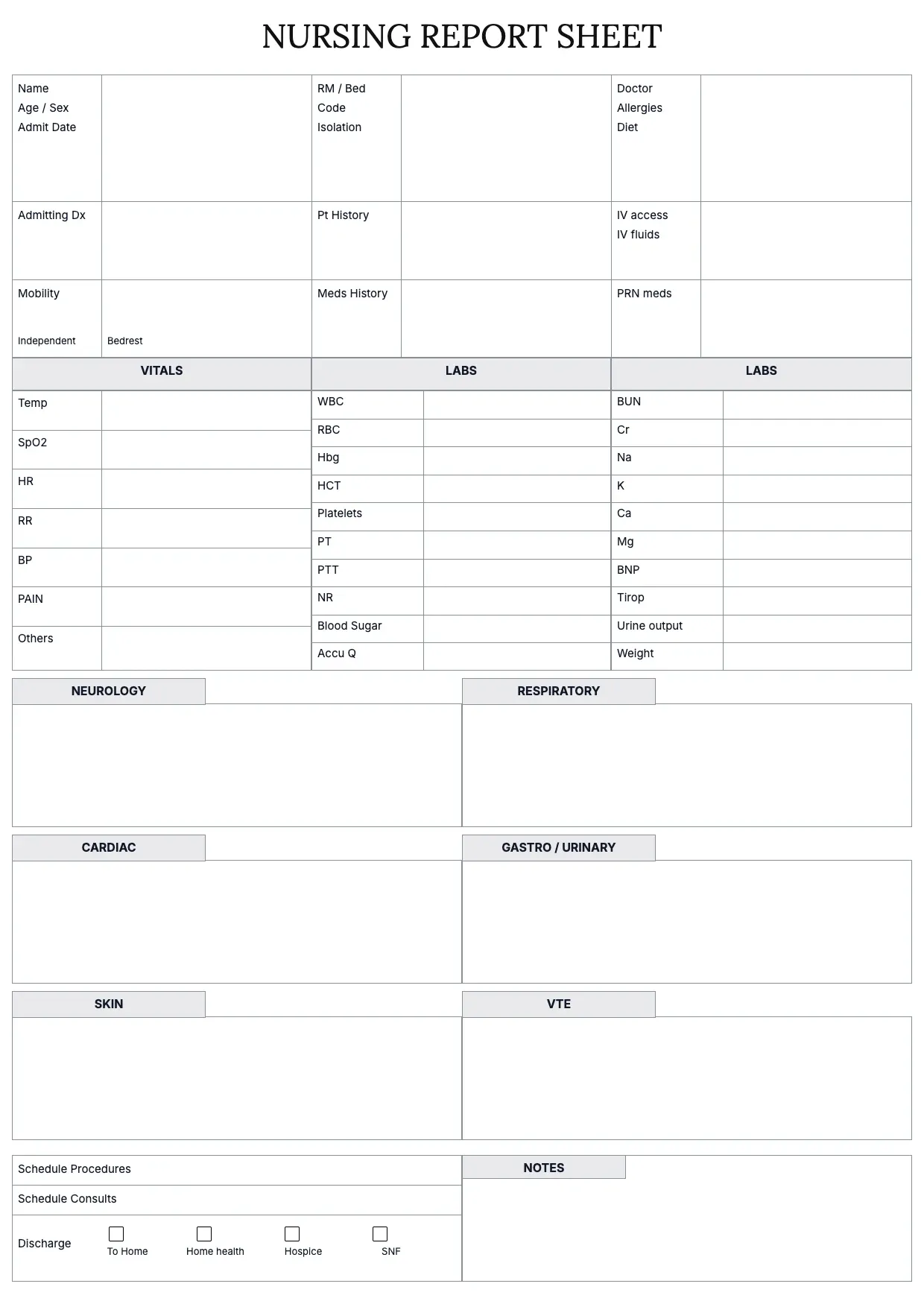Nurse Report Sheet Template