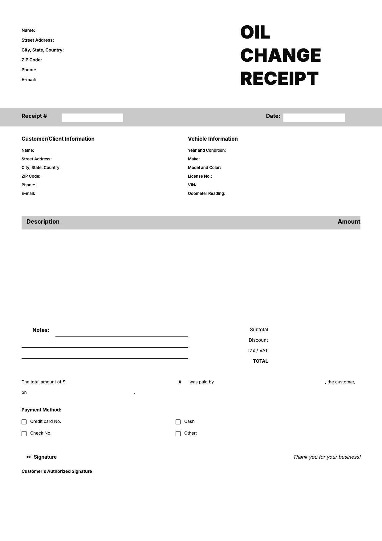 Oil Change Invoice Template