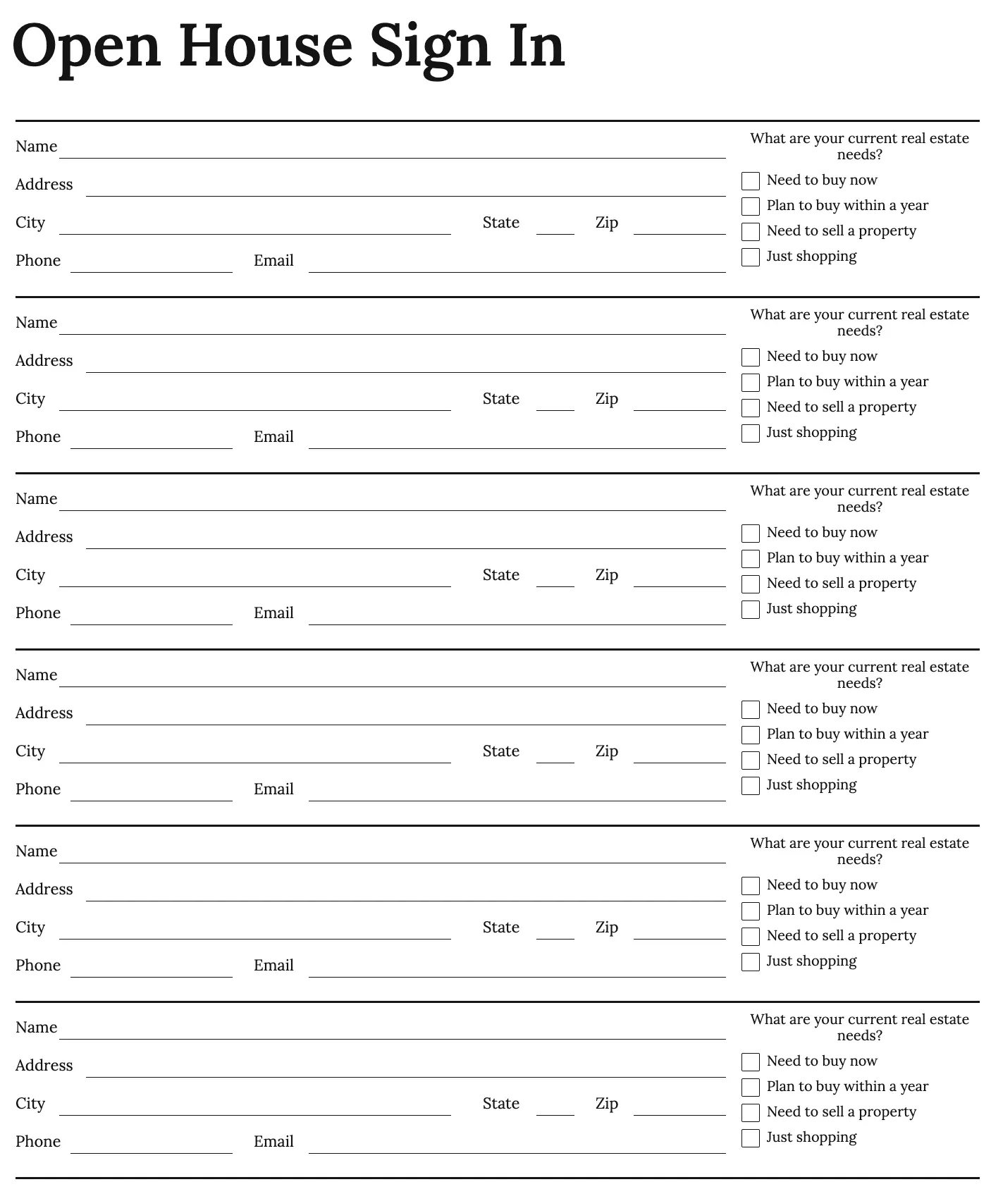 Open House Sign-In Sheet Template