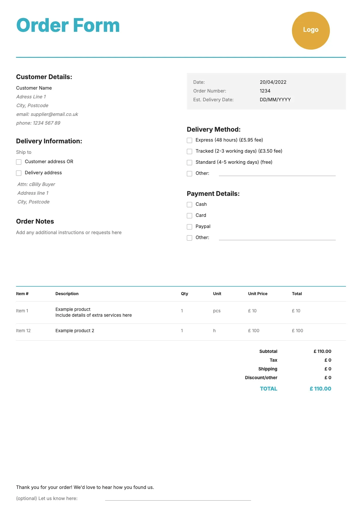 Order Form Template