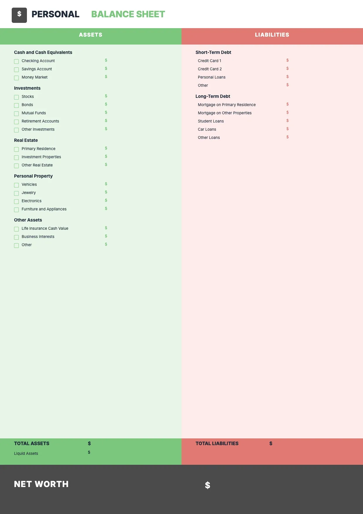 Personal Balance Sheet Template