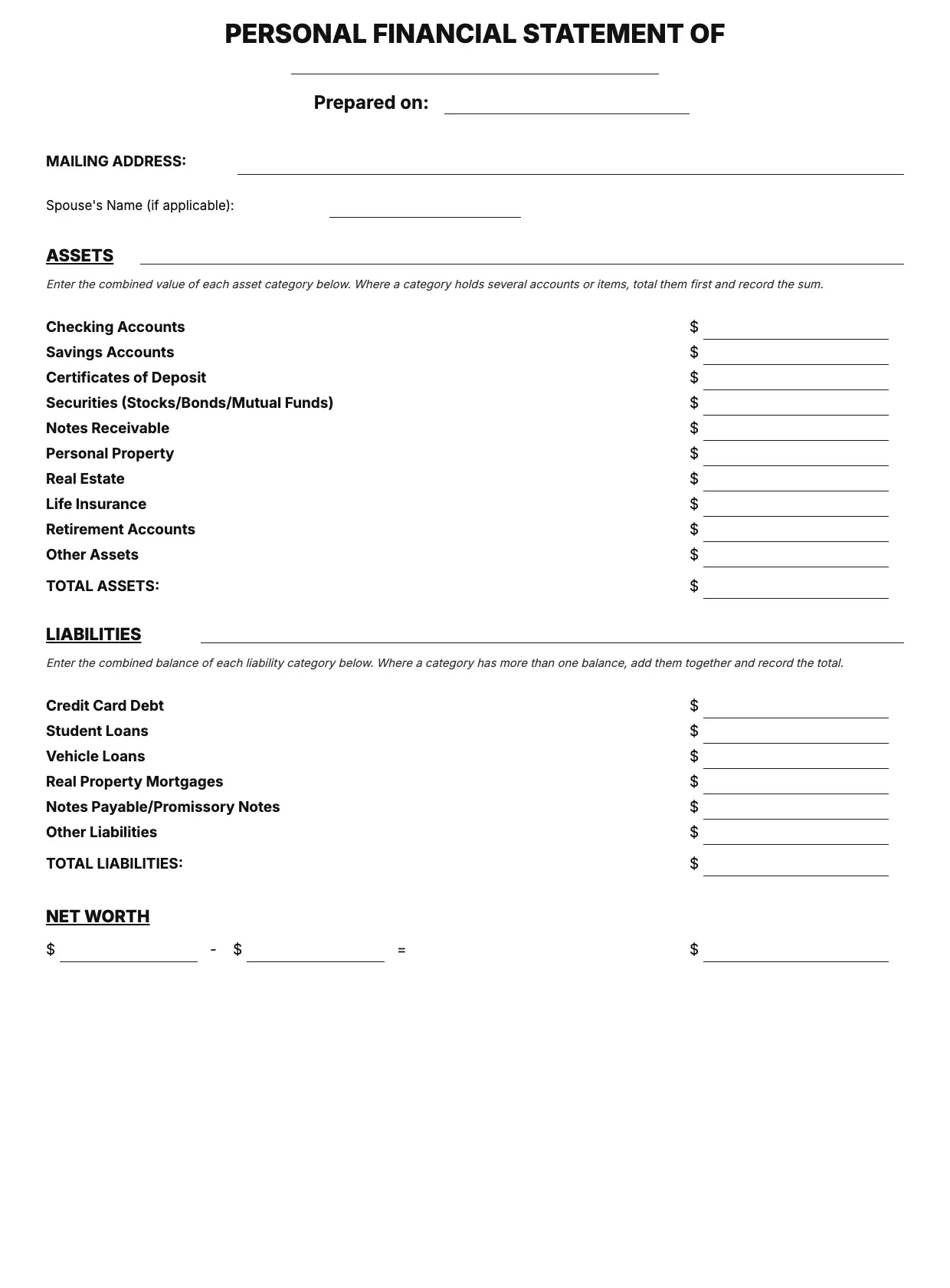 Personal Financial Statement Template