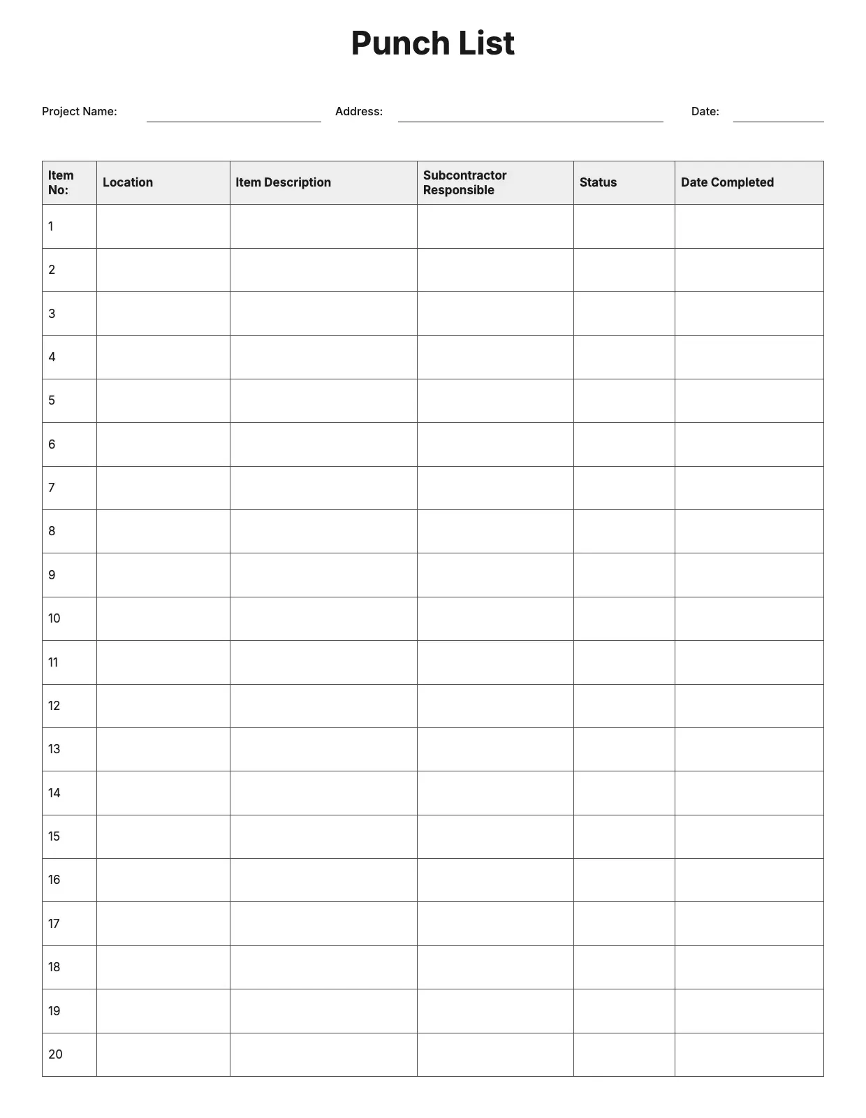 Punch List Template