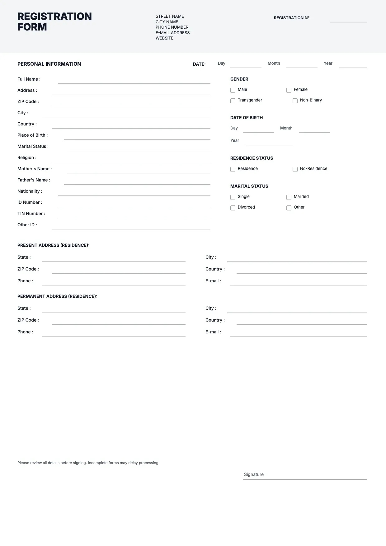 Registration Form Template
