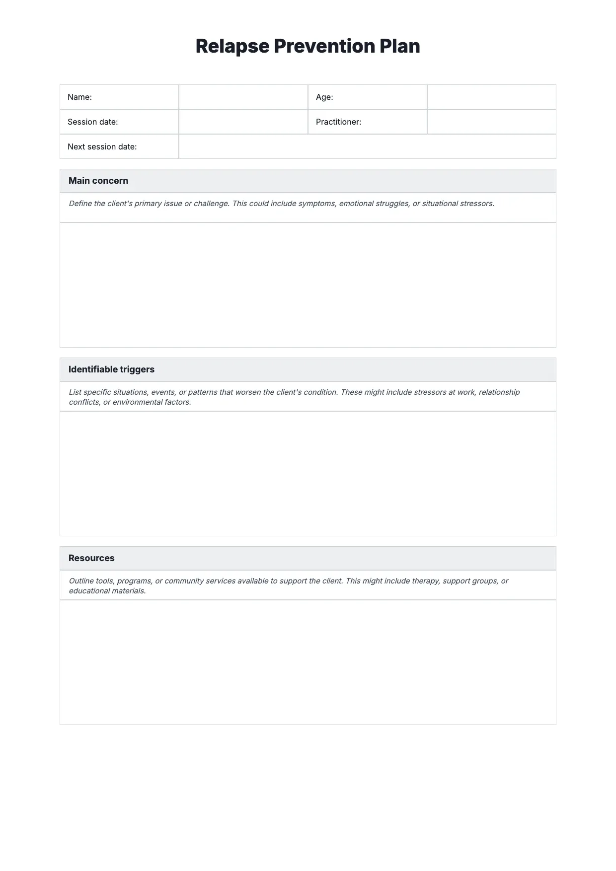 Relapse Prevention Plan Template