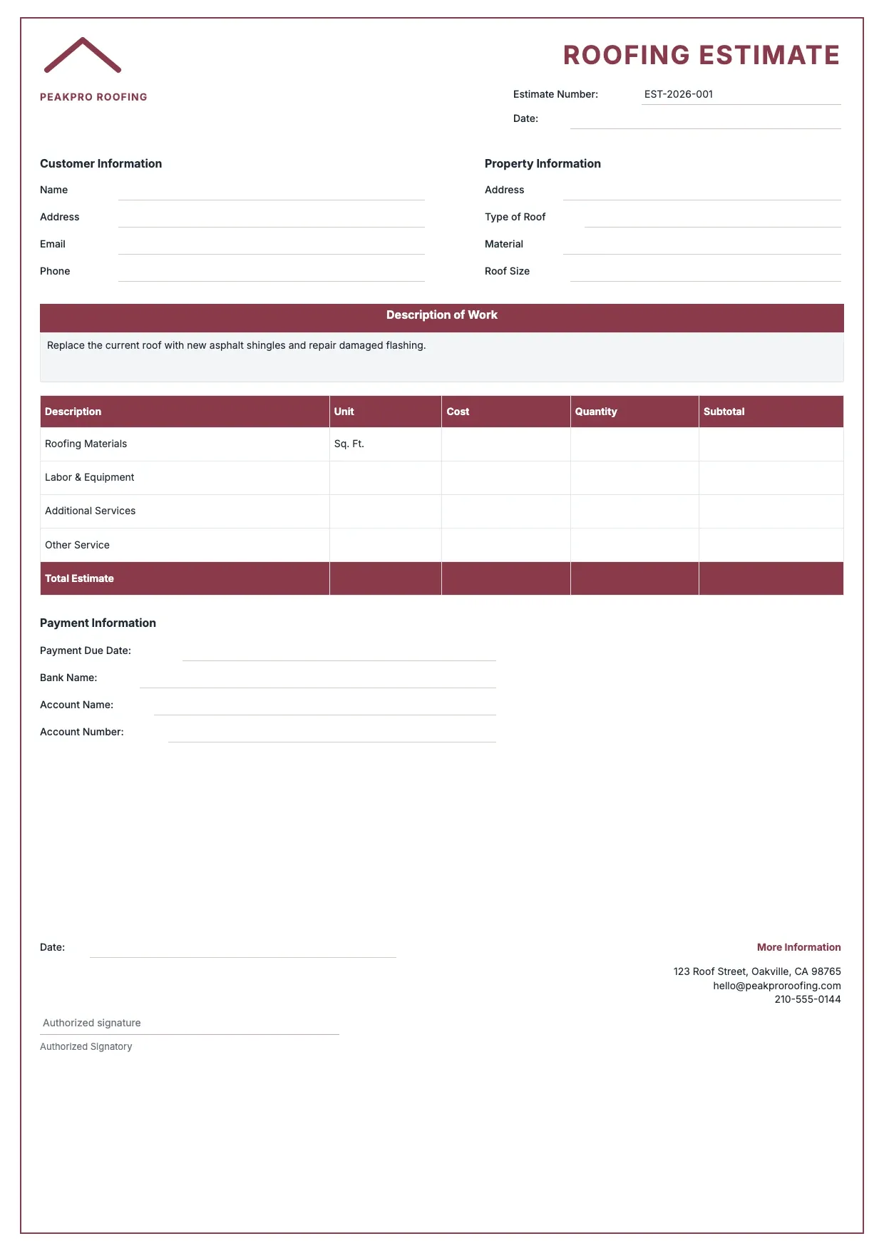 Roofing Estimate Template