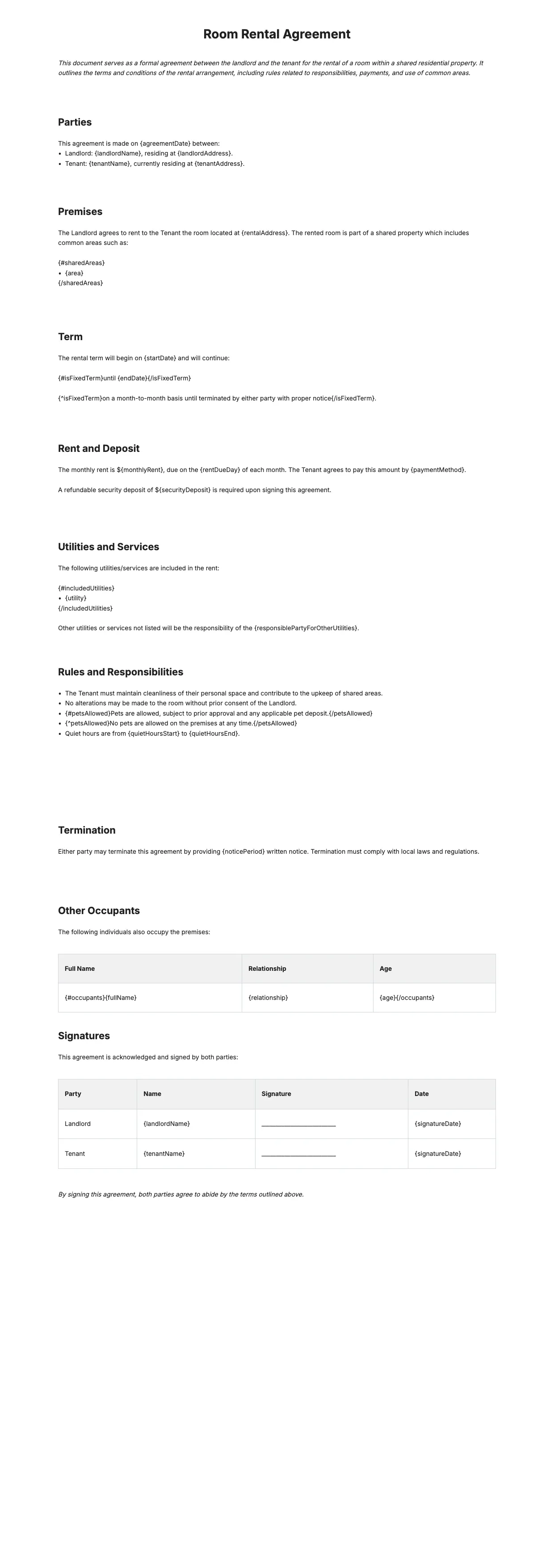 Room Rental Agreement Template