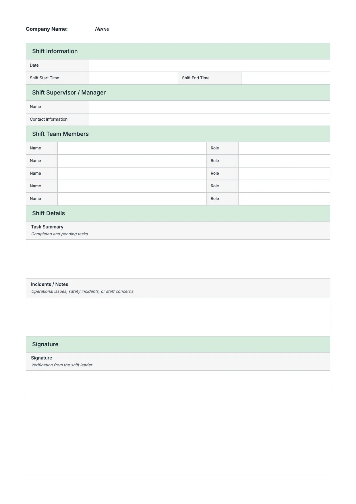 Shift Report Template