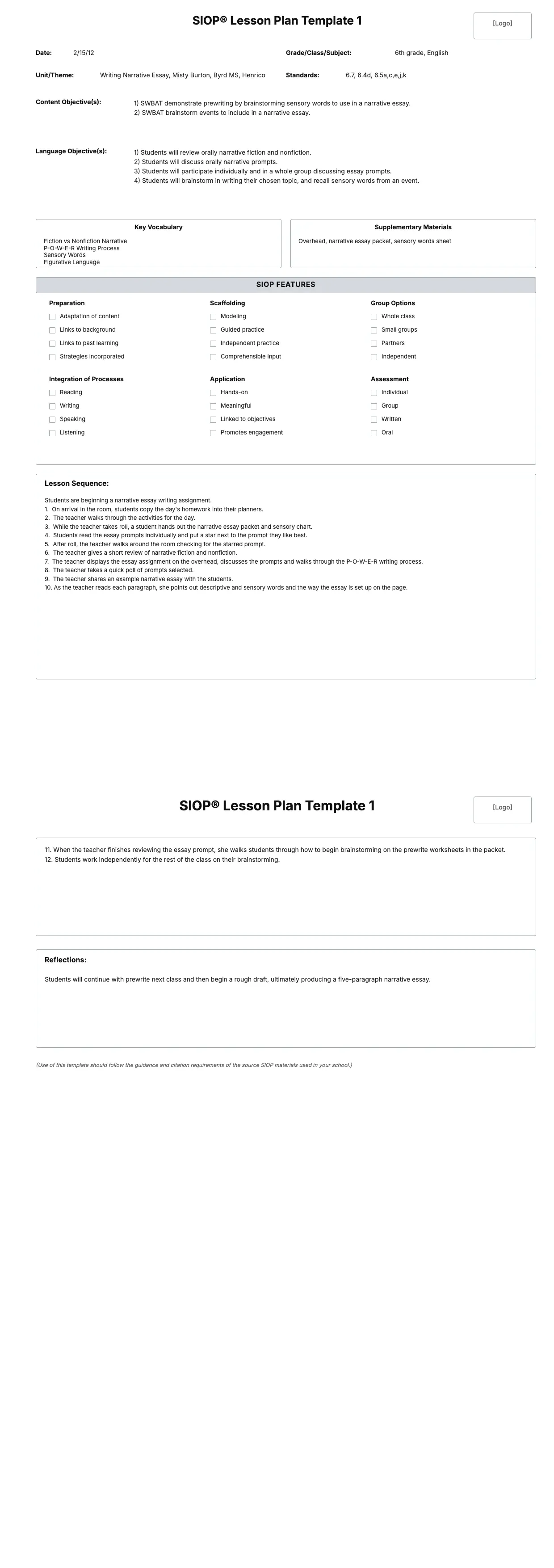 SIOP Lesson Plan Template