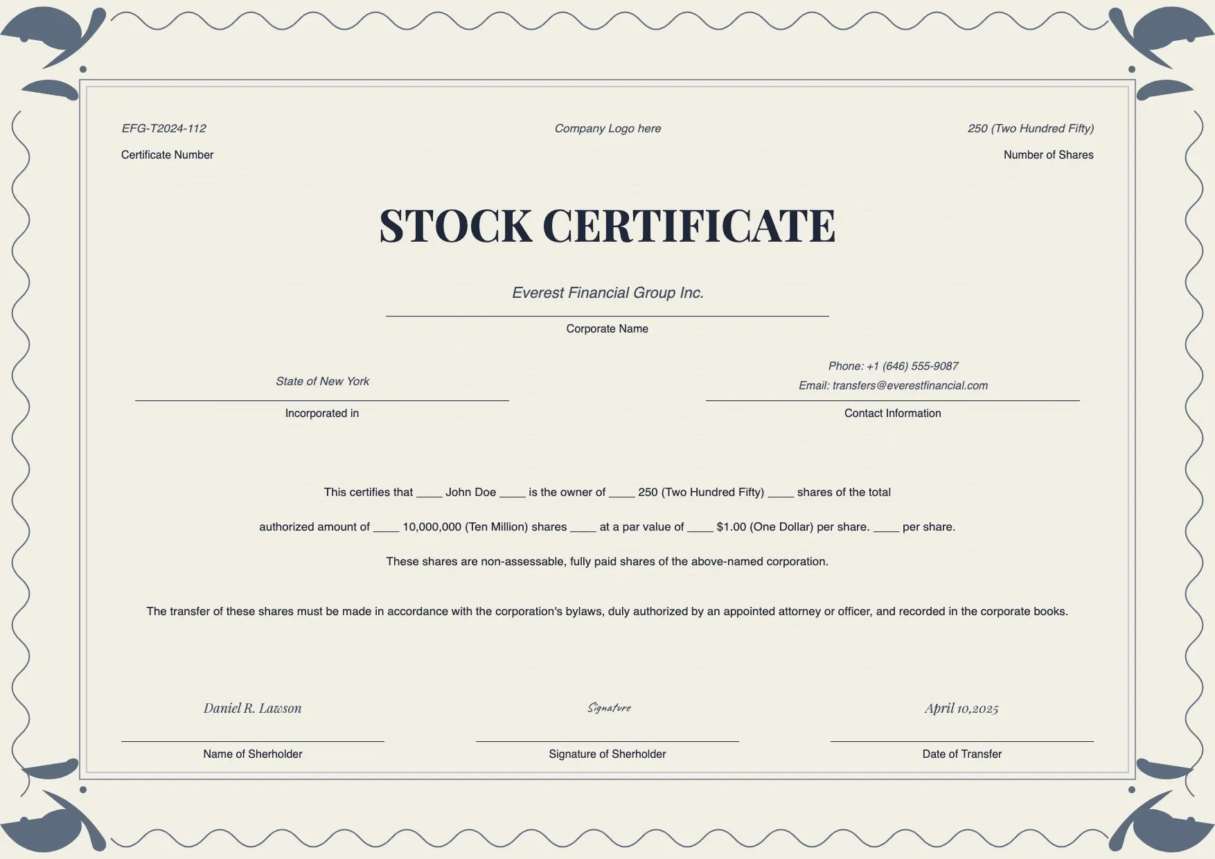 Stock Certificate Template