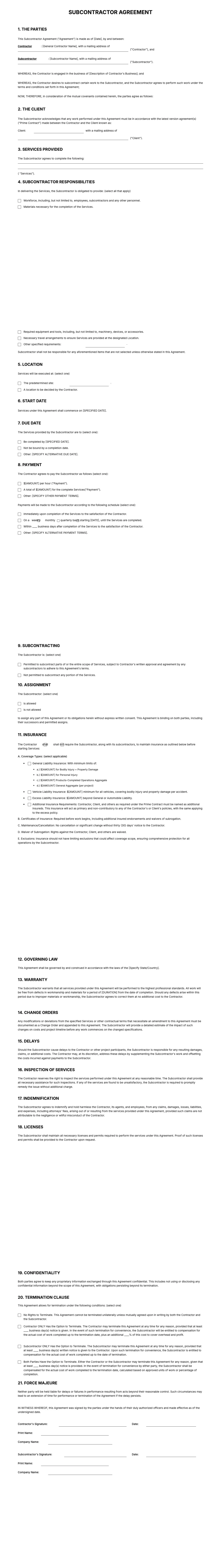 Subcontractor Agreement Template