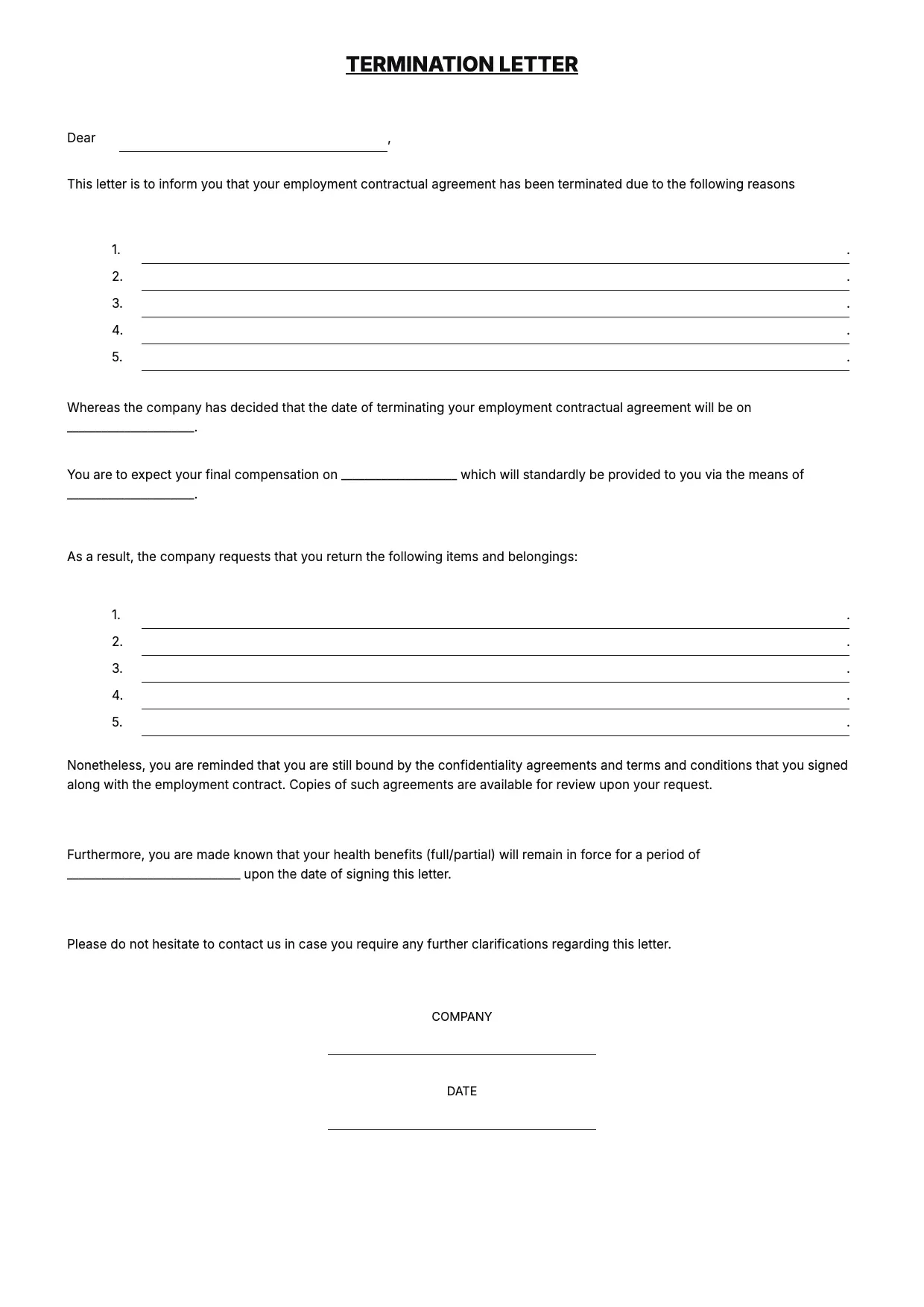 Termination Letter Template