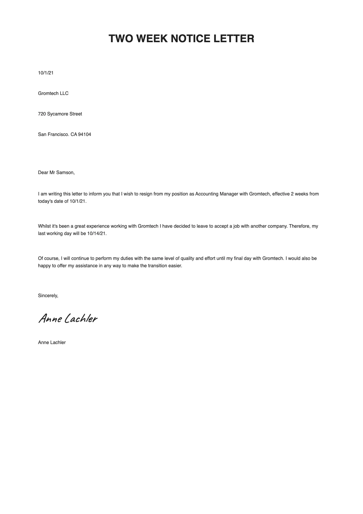 Two Weeks Notice Letter Template
