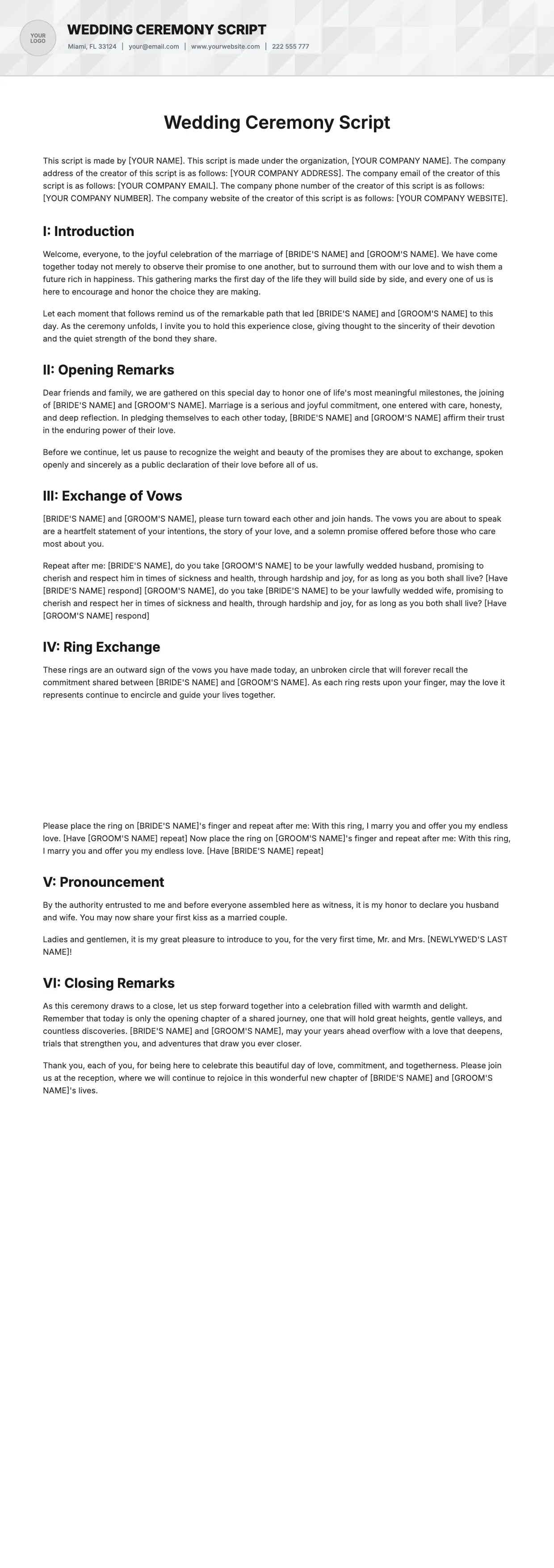 Wedding Ceremony Script Template