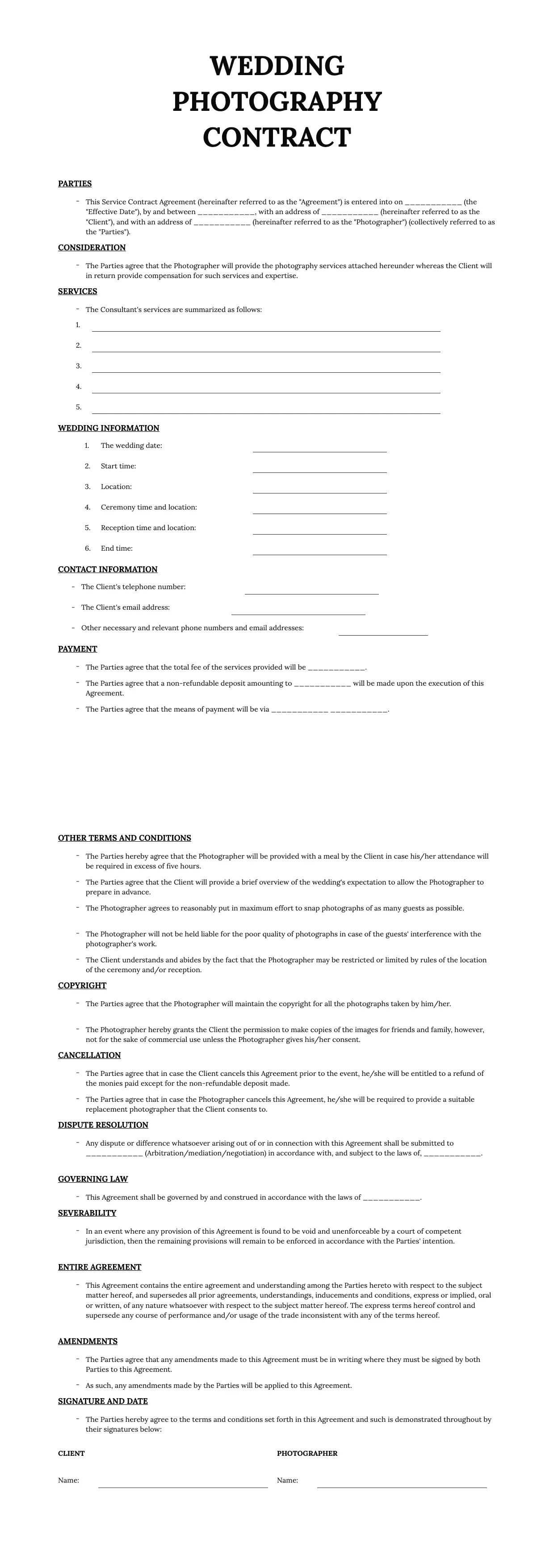 Wedding Photography Contract Template